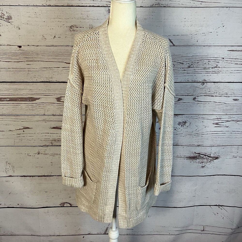 Andrea Jovine Sweater Womens XL Beige Open Knit Pockets Mid Length Caridgan